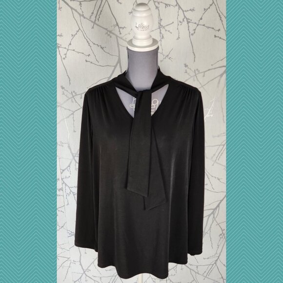 Kim & Co Black Stretch Knit Tie Neck Blouse Career Boss - Picture 1 of 4